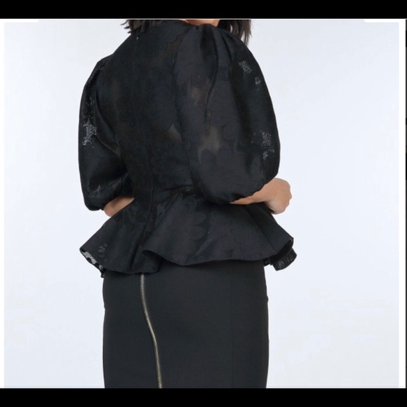 Black Puff Sleeve Flower Patch Lace Peplum Top - Picture 2 of 3